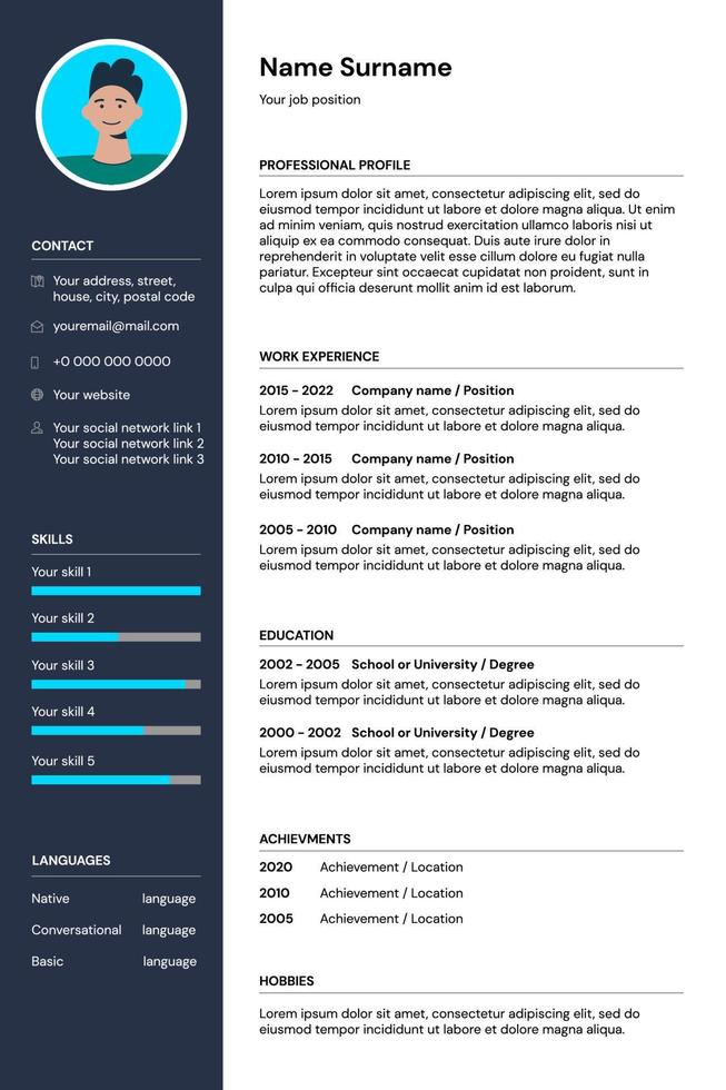 modèle de formulaire de cv pour la recherche d'emploi. exemple de document vierge d'entrevue de curriculum vitae avec photo d'homme. conception de page remplissant l'exemple d'un poste vacant. illustration vectorielle eps vecteur