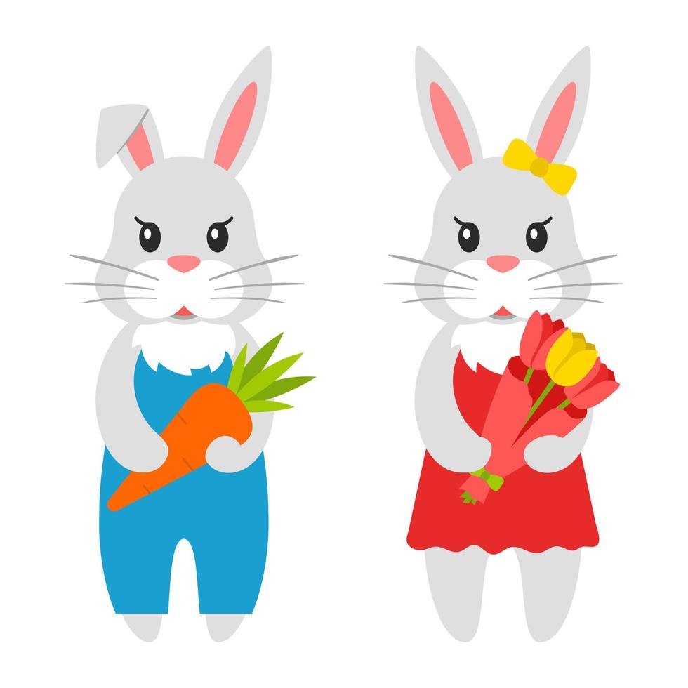 deux lapins mignons simples. personnages mignons, un lapin avec une carotte et un bouquet. illustration vectorielle de couleur vive dans un style plat. isolé sur fond blanc. vecteur