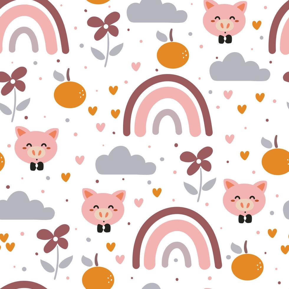 modèle sans couture main dessin dessin animé cochon, arc-en-ciel, fleur et orange. fond mignon pour l'impression de tissu, textile, papier d'emballage cadeau vecteur