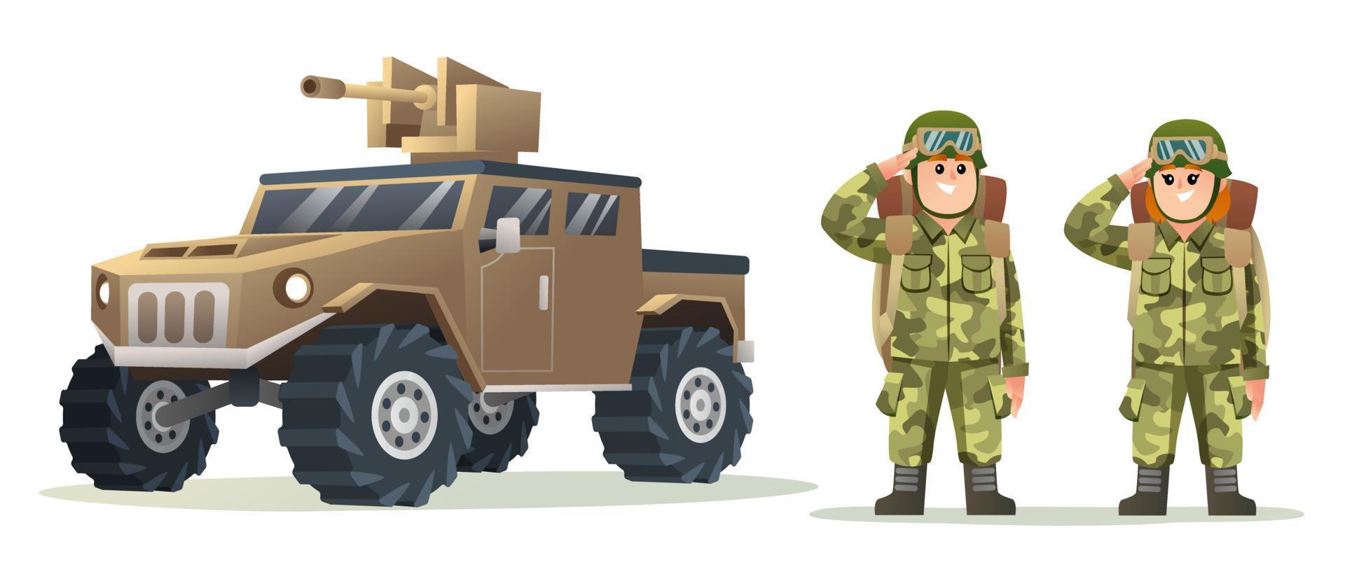 mignon soldat de l'armée masculine et féminine portant des personnages de sac à dos avec illustration de dessin animé de véhicule militaire vecteur