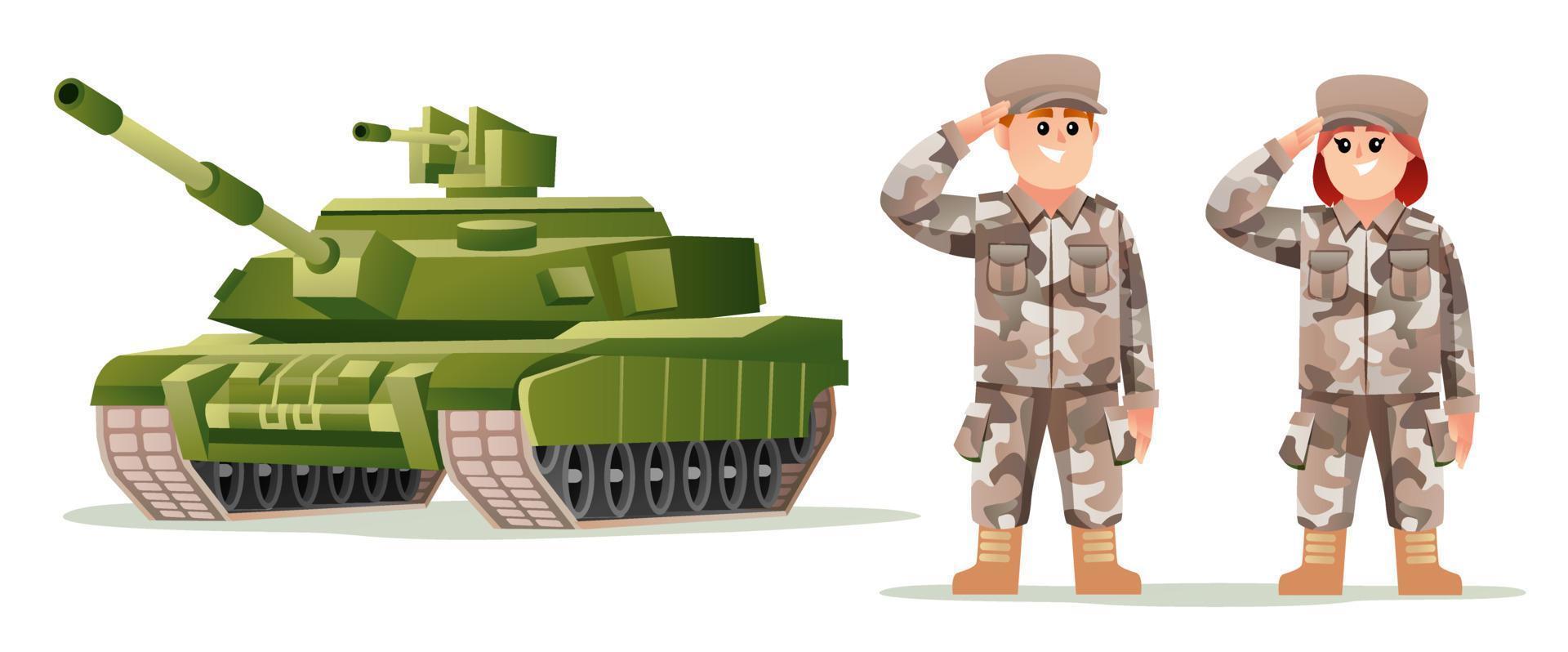 personnages mignons de soldat de l'armée garçon et fille avec illustration de dessin animé de réservoir vecteur