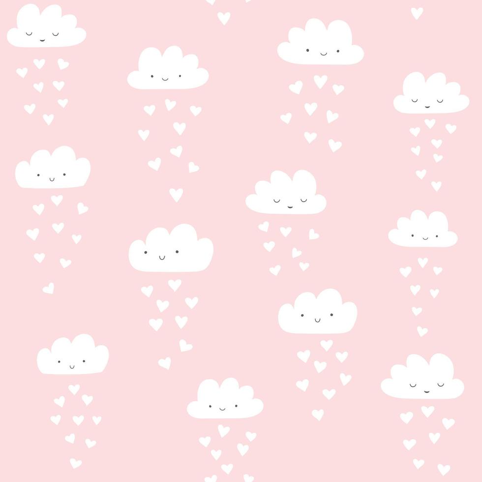 modèle vectoriel avec de jolis nuages souriants avec une pluie de coeur. arrière-plan transparent de la Saint-Valentin.