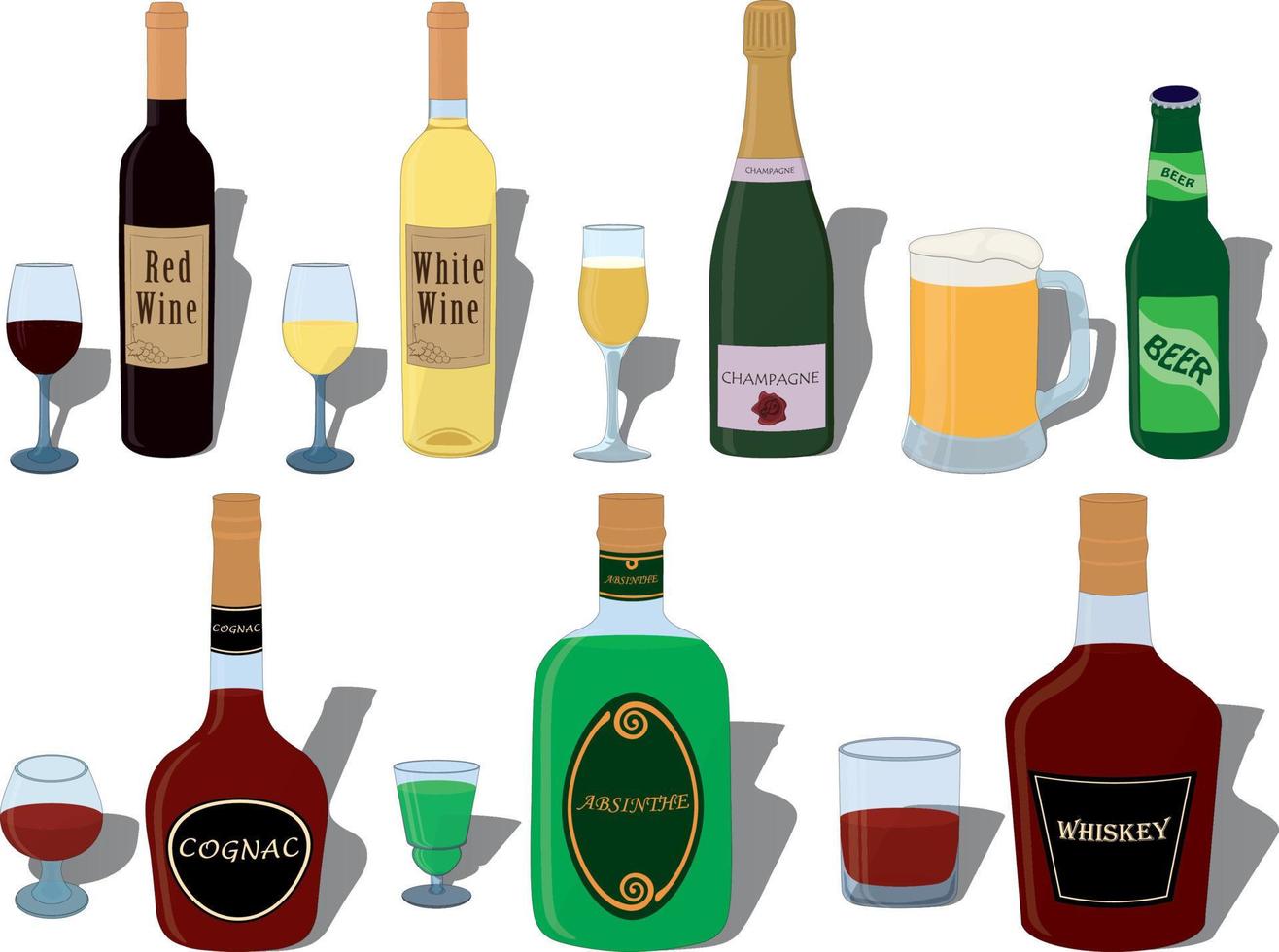 boissons alcoolisées, bouteille et paires de verres spéciaux collection illustration vectorielle vecteur