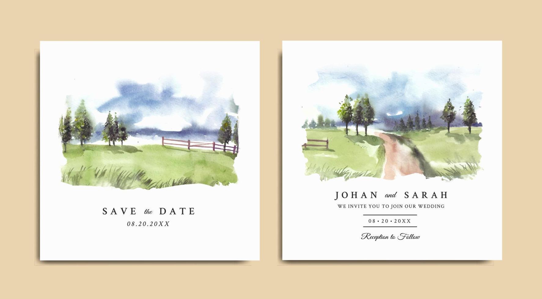 invitation de mariage aquarelle de paysage de nature verdoyante avec clôture de jardin et route vecteur