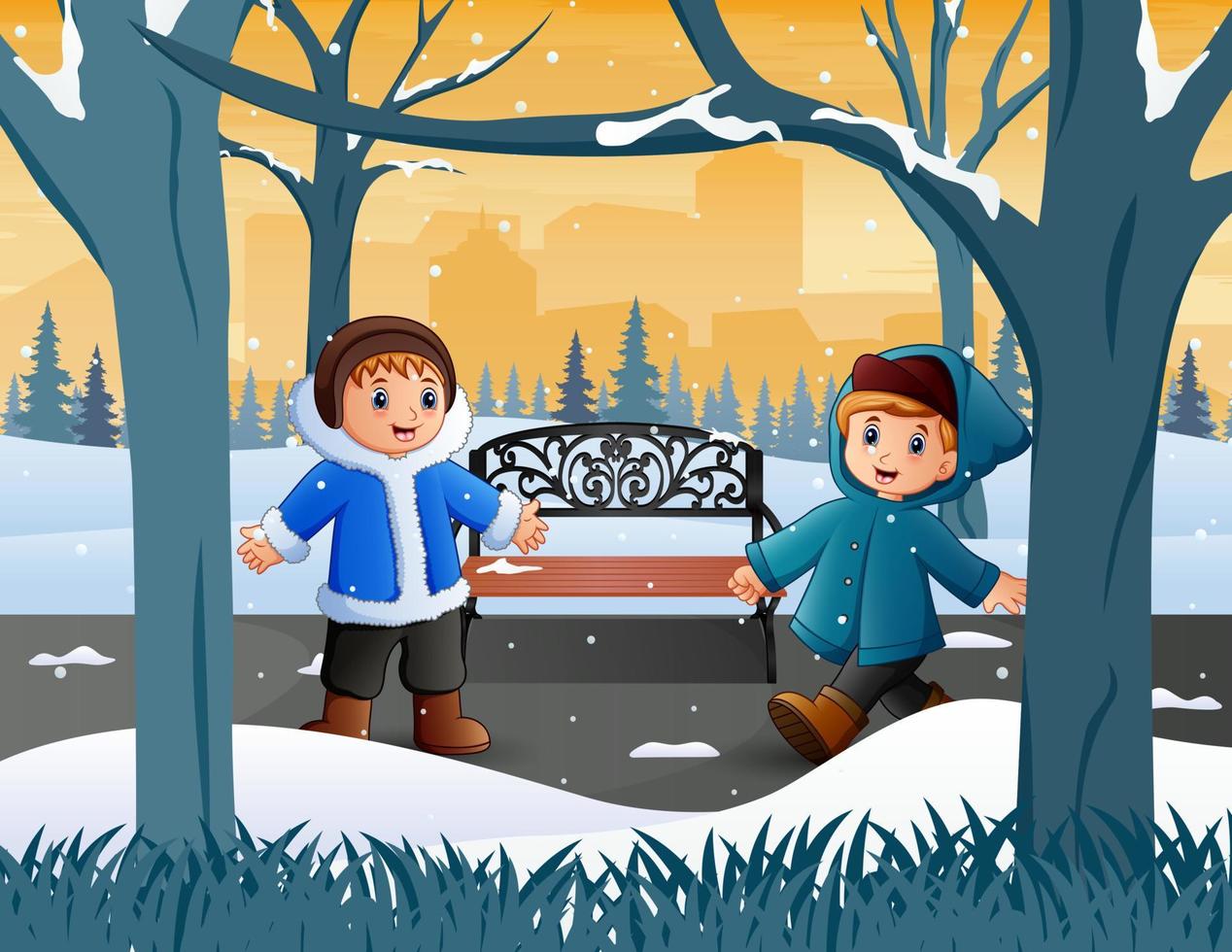deux garçons jouant dehors en hiver vecteur