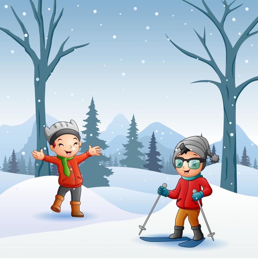 dessin animé enfants jouant dans la neige vecteur