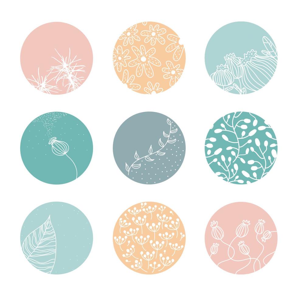 modèle de jeu de couverture en surbrillance, icônes botaniques florales abstraites pour les médias sociaux. illustration vectorielle. conception aquarelle. un ensemble de faits saillants de l'histoire couvre les icônes. vecteur