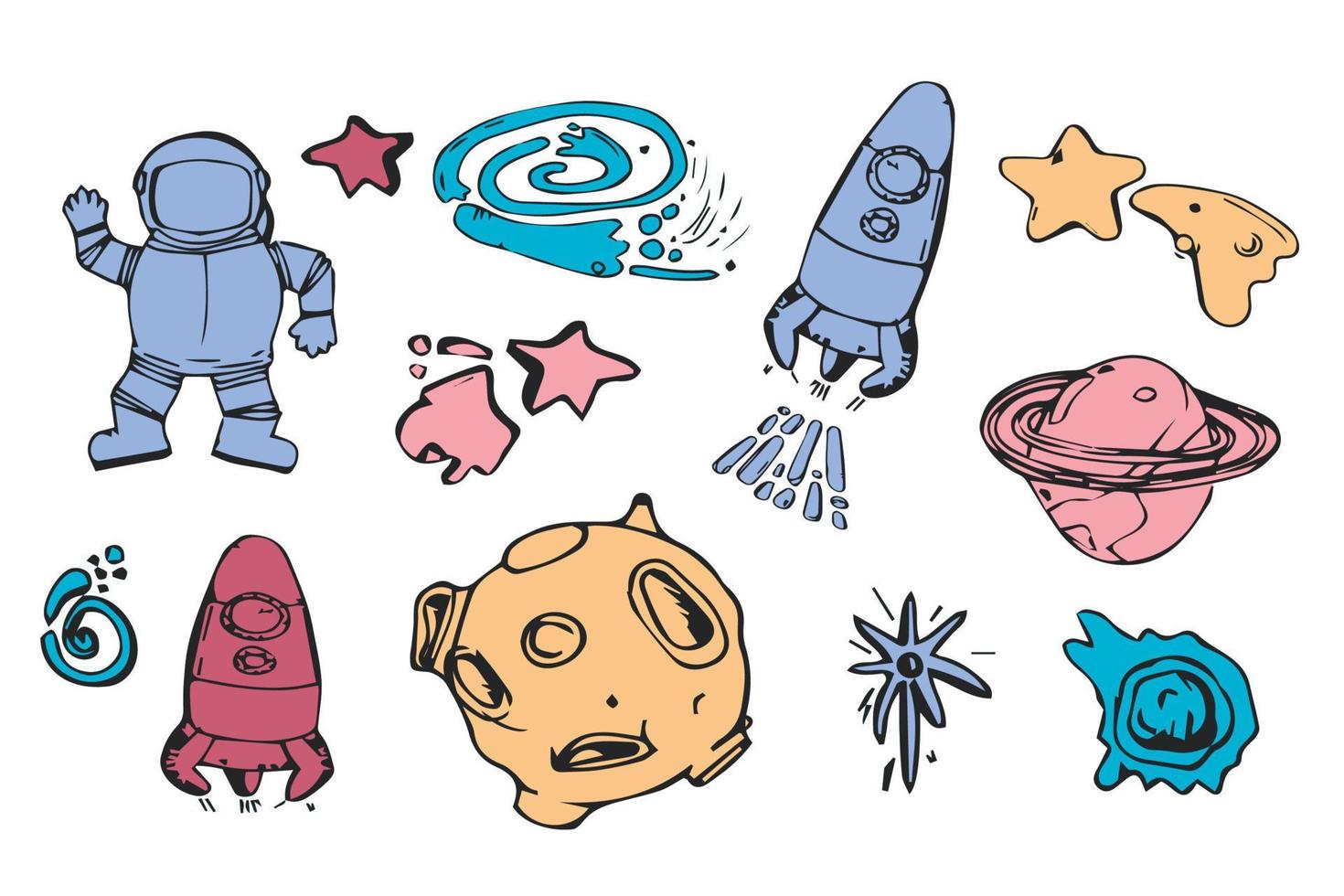 ensemble d'éléments spatiaux dans le style de croquis de doodle. fusées et navires spatiaux, astronautes, étoile, comète, lune. vecteur