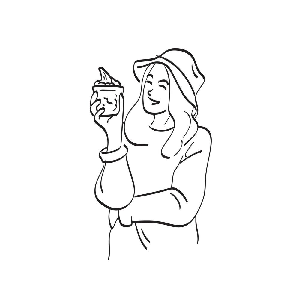 femme avec sourire tenant un verre de crème glacée illustration vecteur dessiné à la main isolé sur fond blanc dessin au trait.