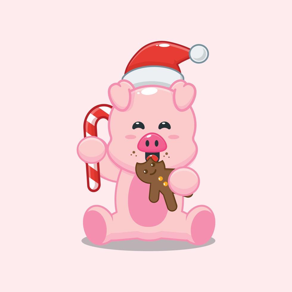 cochon mignon mangeant des biscuits et des bonbons de noël vecteur