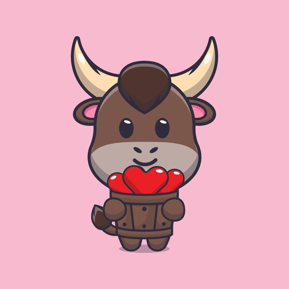 personnage de dessin animé mignon taureau tenant l'amour dans un seau en bois vecteur