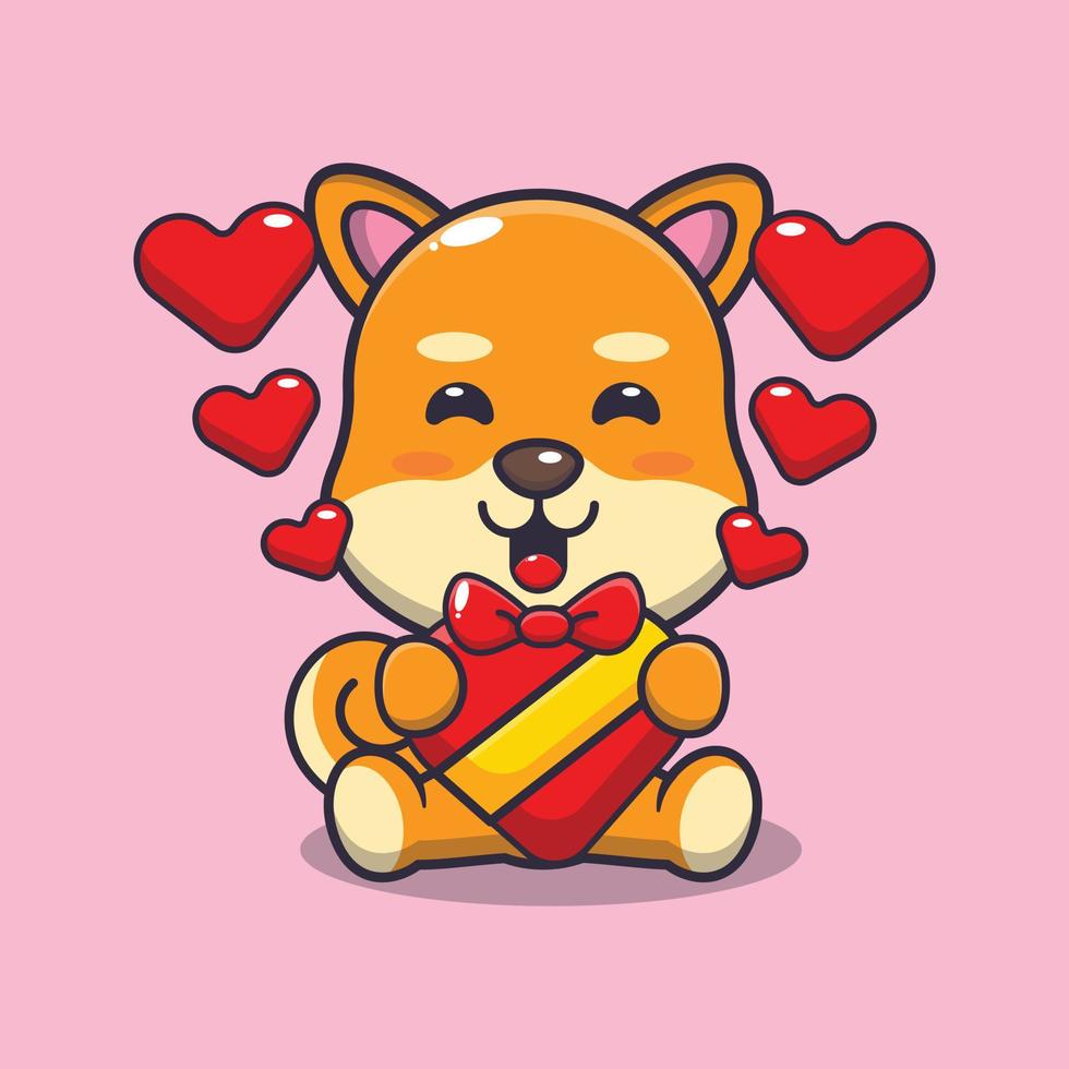 personnage de dessin animé mignon chien shiba inu heureux à la saint valentin vecteur