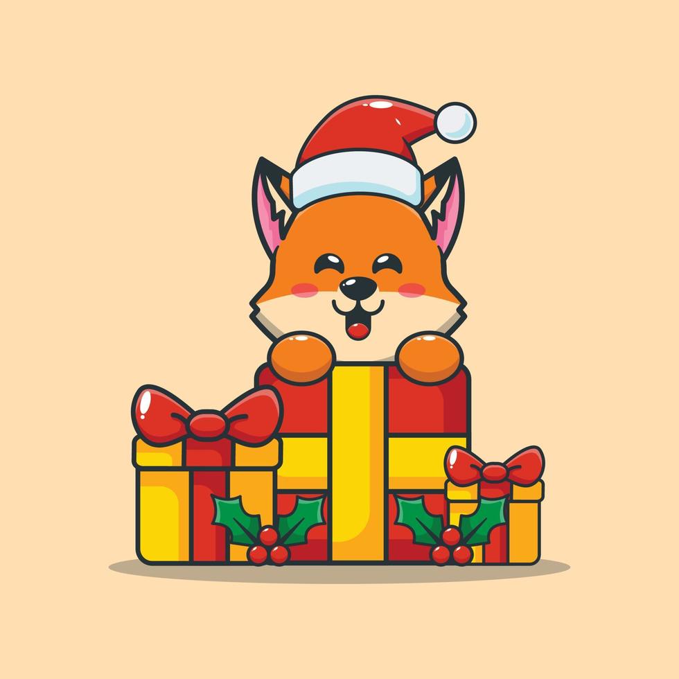 mignon renard avec cadeau de noël vecteur