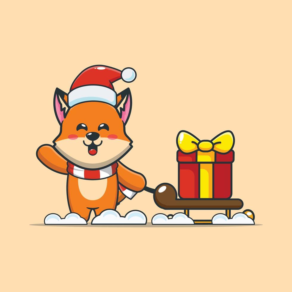 mignon renard transportant une boîte cadeau de noël vecteur