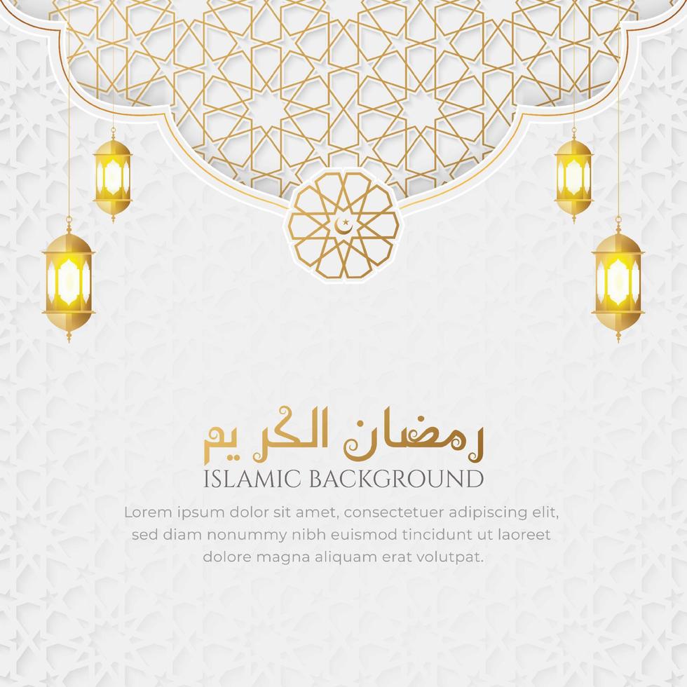 ramadan kareem arabe islamique fond ornemental de luxe blanc et doré avec motif islamique et lanternes décoratives vecteur