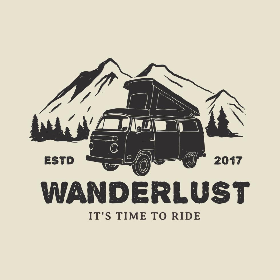 étiquette de logo d'aventures de camping-car de montagne vintage dessinés à la main vecteur