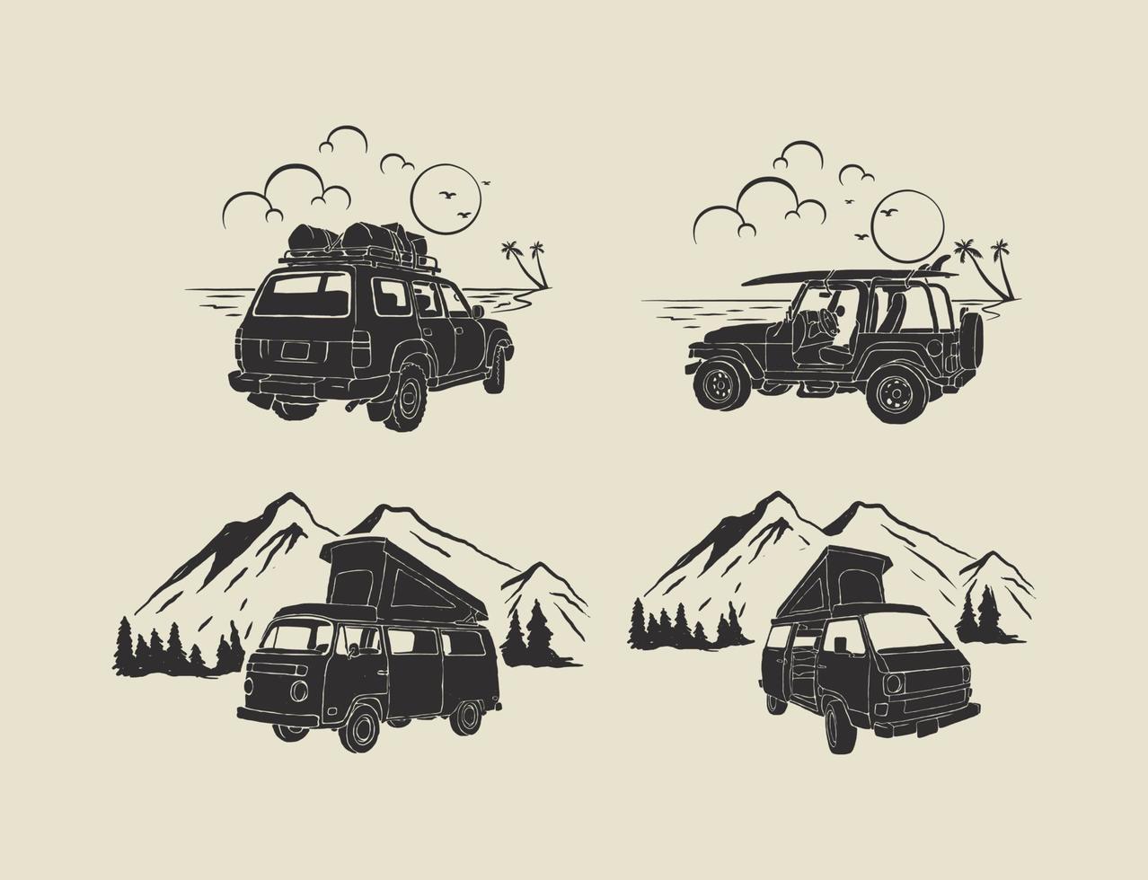 ensemble d'étiquettes de logo d'aventures de voiture dessinées à la main vintage vecteur