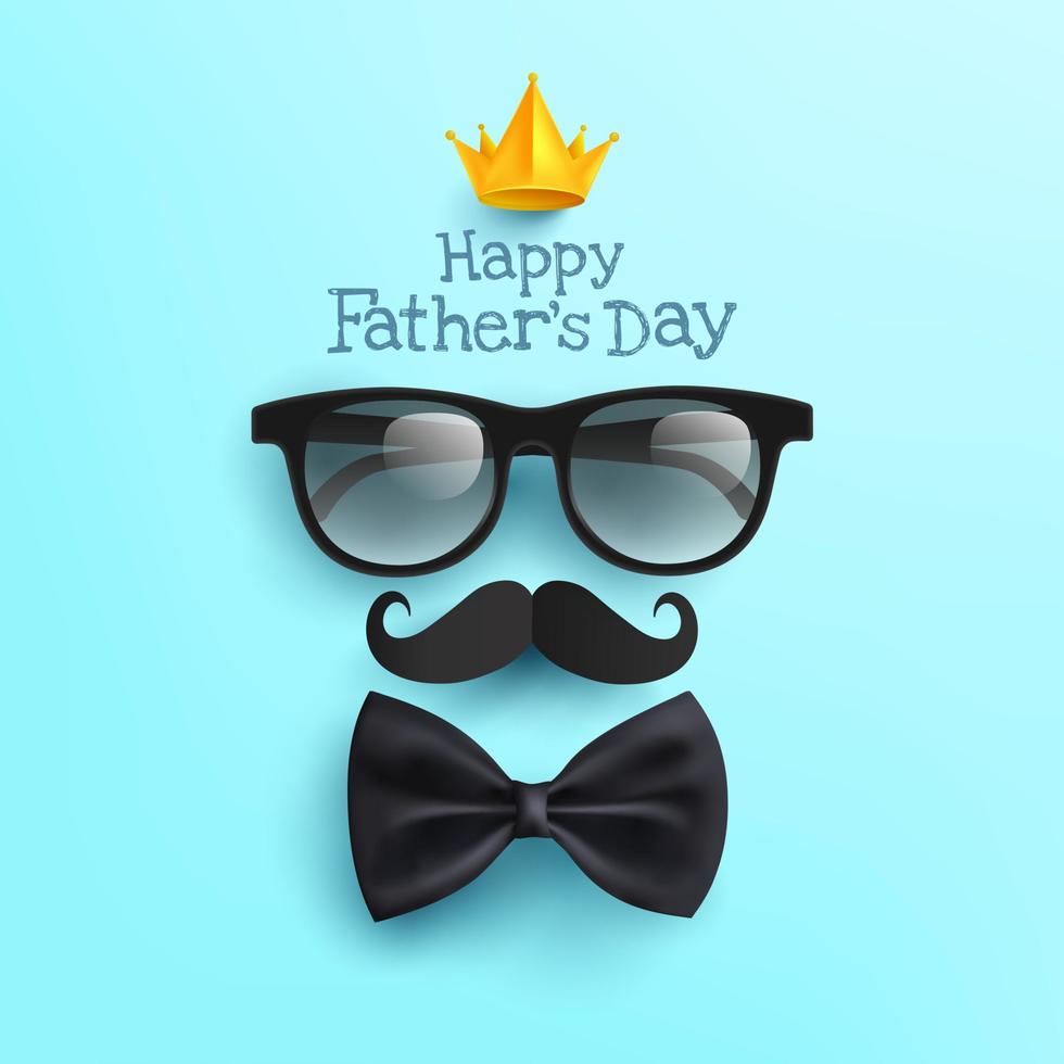 affiche de la fête des pères heureuse avec des lunettes, du papier moustache et un noeud papillon sur bleu.salutations et cadeaux pour la fête des pères dans un style plat.promotion et modèle de shopping pour le concept de papa vecteur