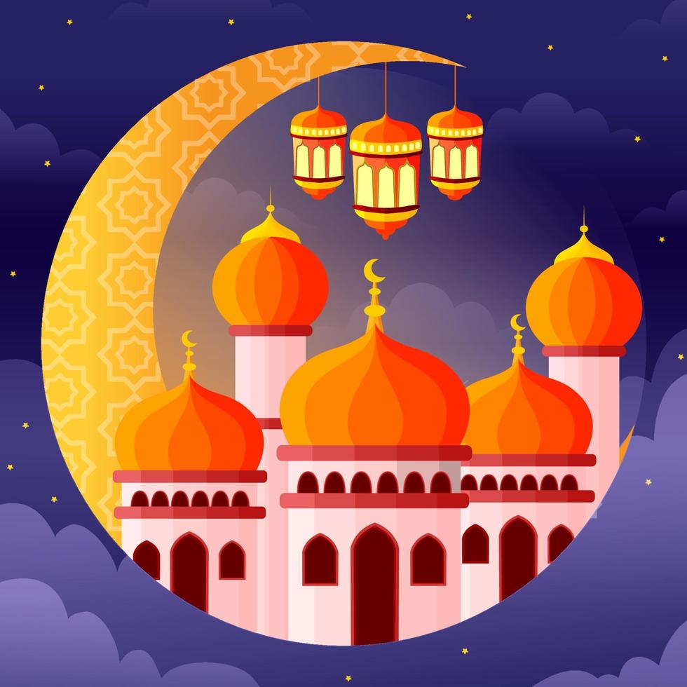 mosquée sur un croissant de lune avec lanterne et étoile vecteur