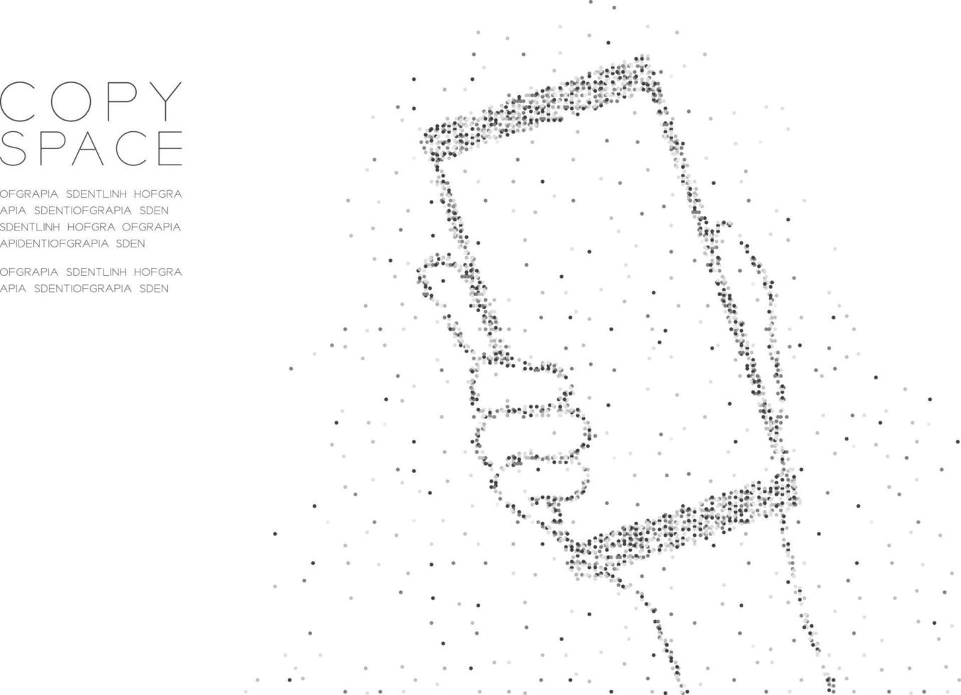 main de particule de molécule de point de cercle géométrique abstrait tenant la forme du smartphone, conception de concept de système de gadget de technologie vr illustration de couleur noire isolée sur fond blanc avec espace de copie vecteur