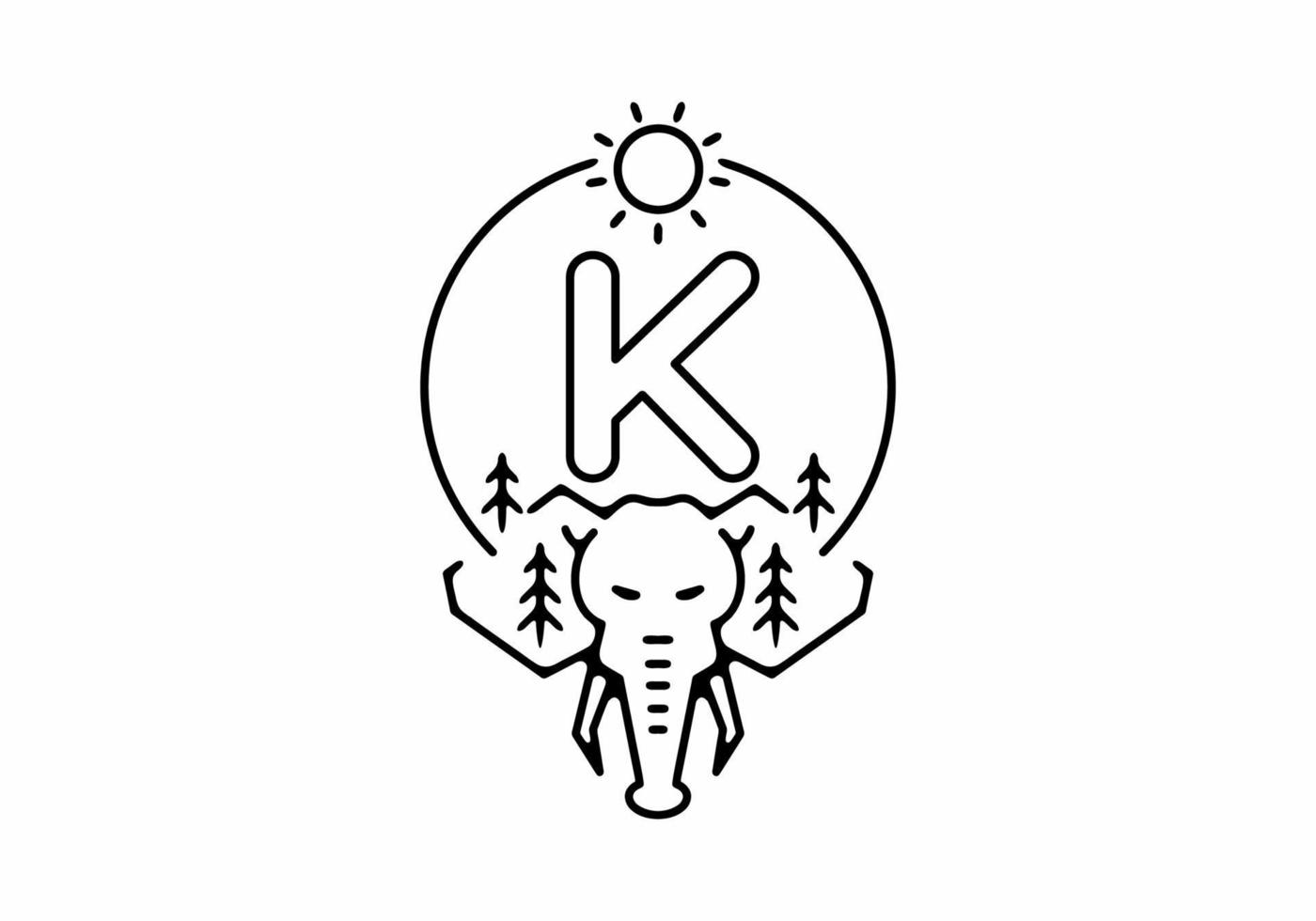 illustration d'art en ligne noire de tête d'éléphant avec lettre initiale k vecteur