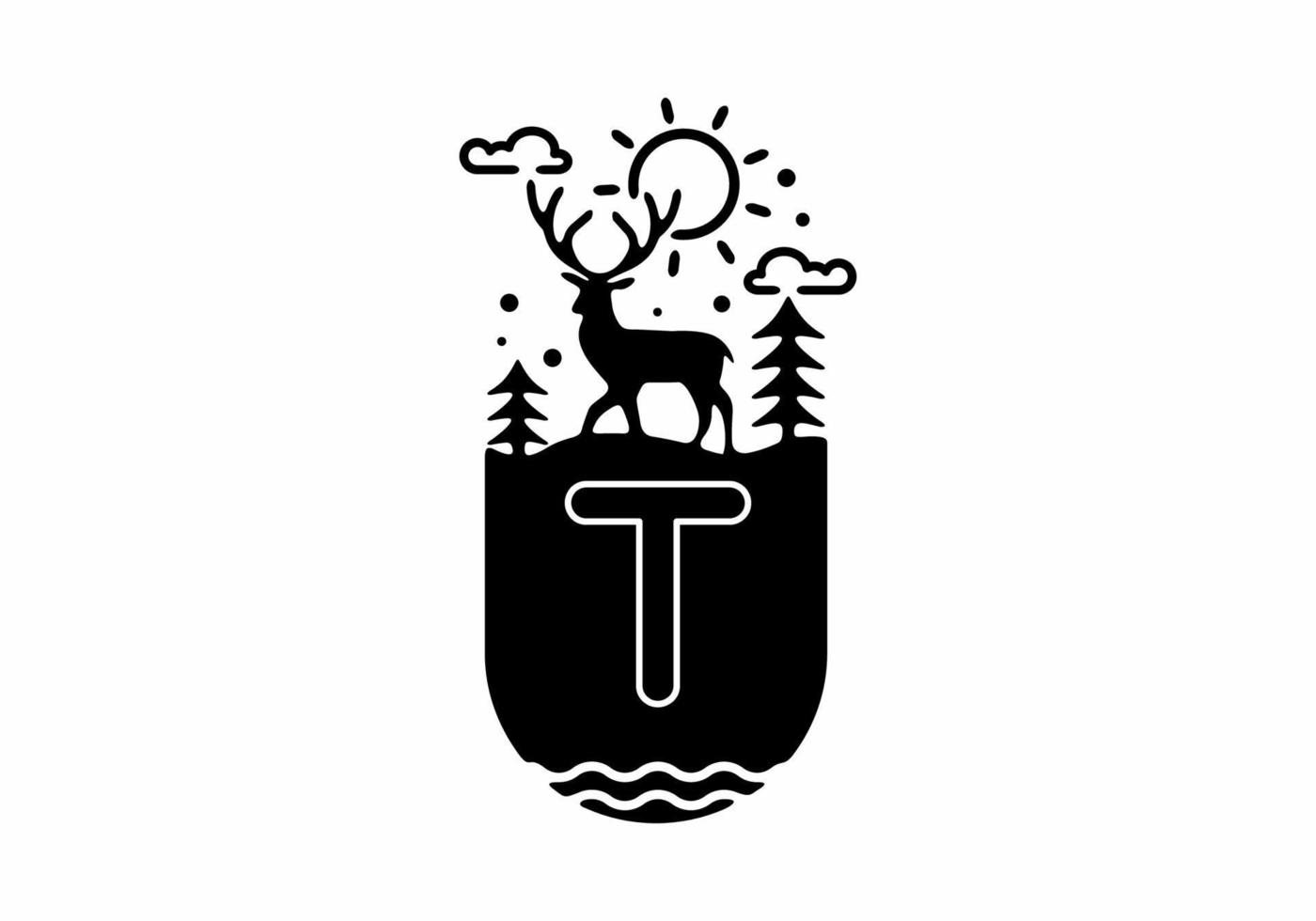 illustration d'art en ligne noire d'un insigne de cerf avec t nom initial au milieu vecteur