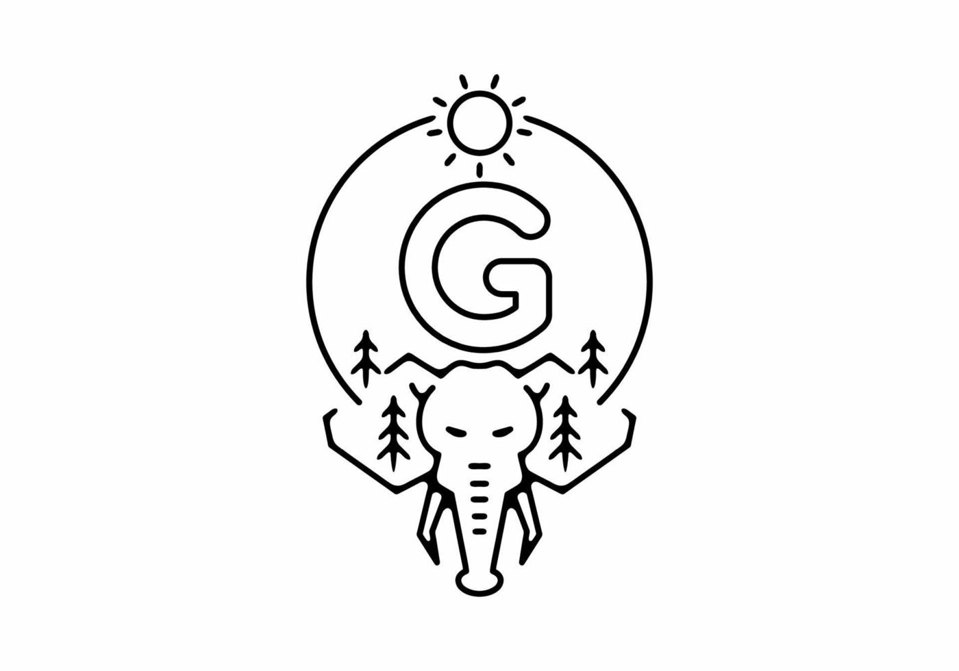 illustration d'art en ligne noire de tête d'éléphant avec lettre initiale g vecteur