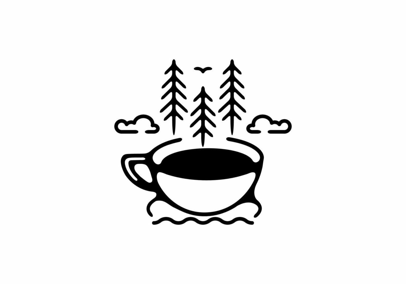 illustration d'art en ligne noire de tasse de café et de pins vecteur