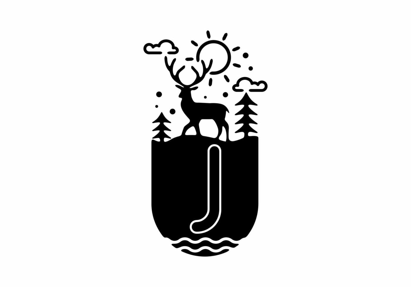 illustration d'art en ligne noire d'un insigne de cerf avec j nom initial au milieu vecteur