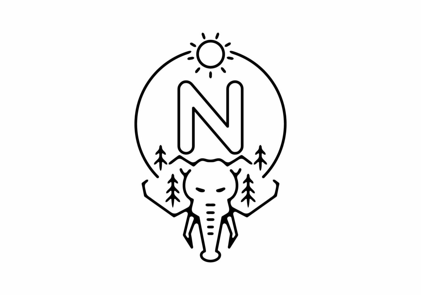 illustration d'art en ligne noire de tête d'éléphant avec n lettre initiale vecteur