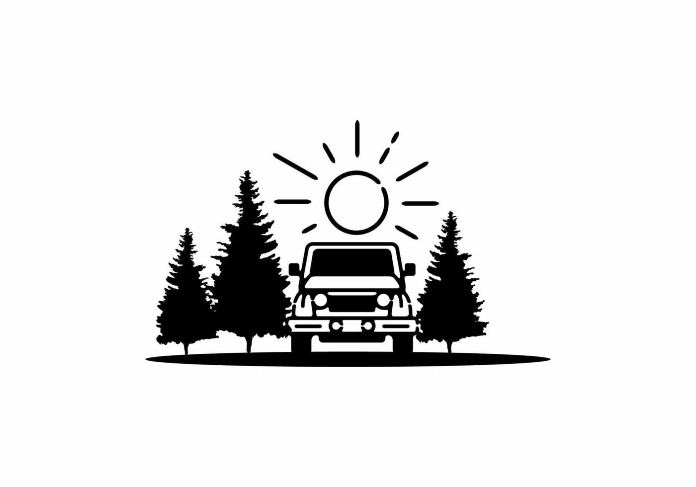 illustration d'art en ligne noire de voiture et de pins vecteur