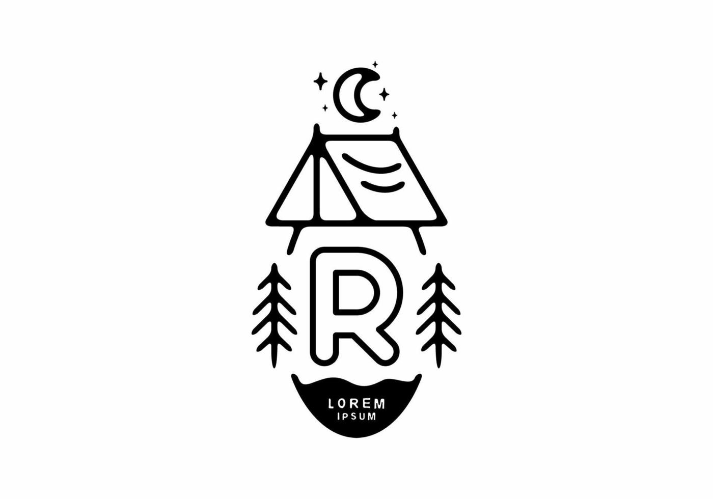 illustration d'art en ligne noire d'un insigne de tente de camping avec lettre r vecteur