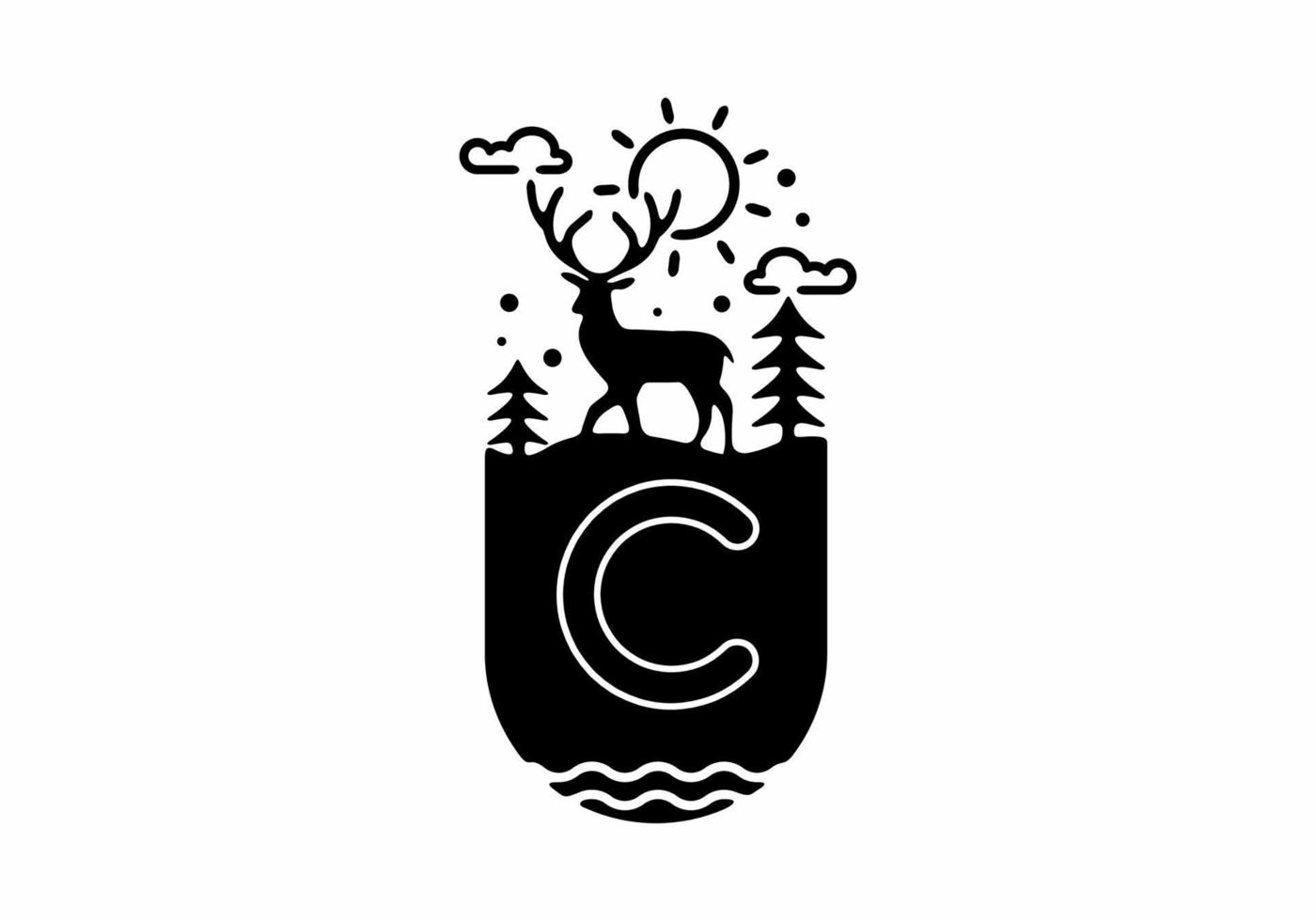 illustration d'art en ligne noire d'un insigne de cerf avec le nom initial c au milieu vecteur