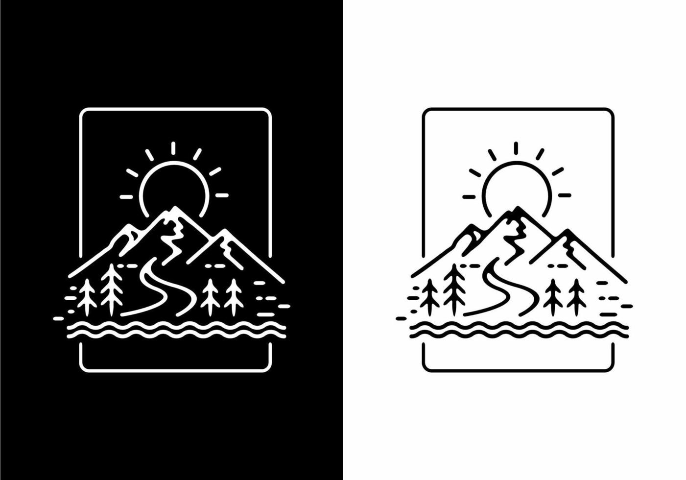 paysage de montagne noir et blanc en badge rectangle vecteur