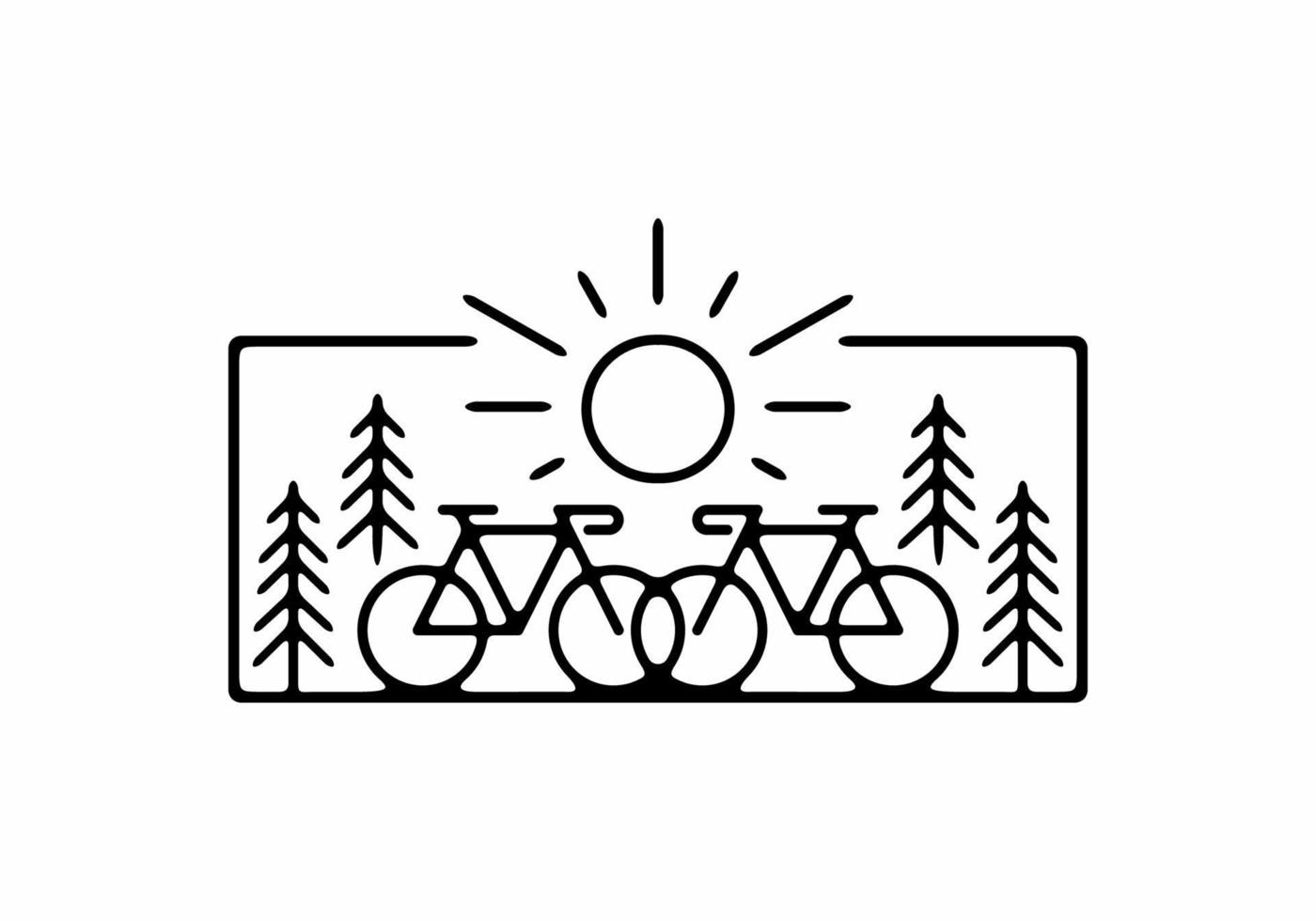 illustration de dessin au trait noir de vélo et de pins vecteur