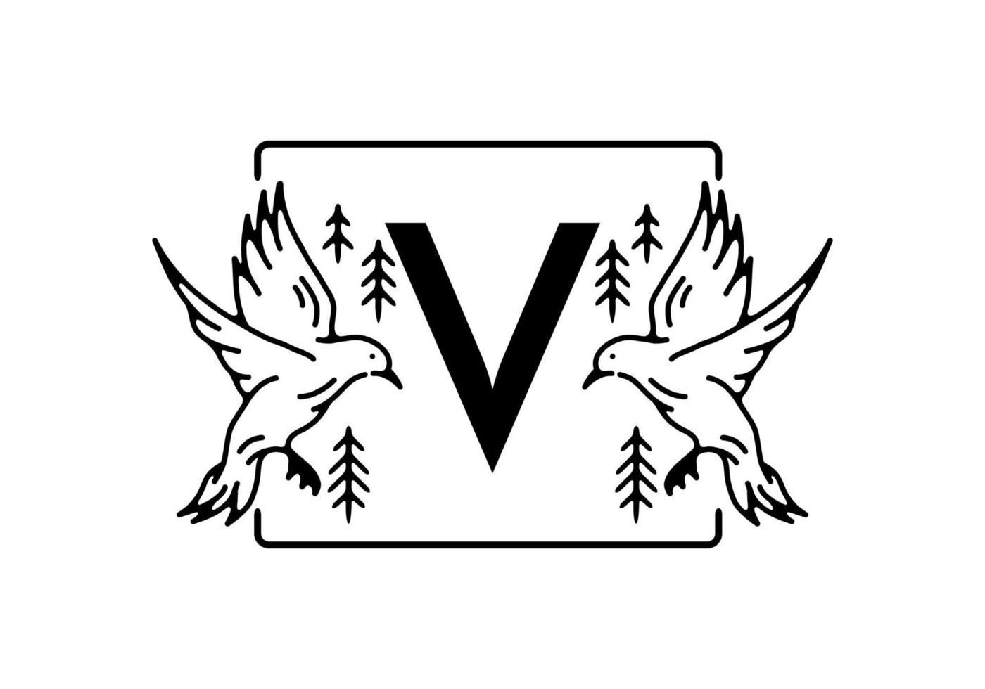 couleur noire du dessin au trait oiseau avec lettre initiale v vecteur