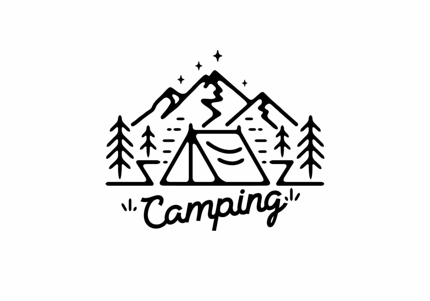 illustration d'art en ligne noire de tente de camping et de montagne vecteur