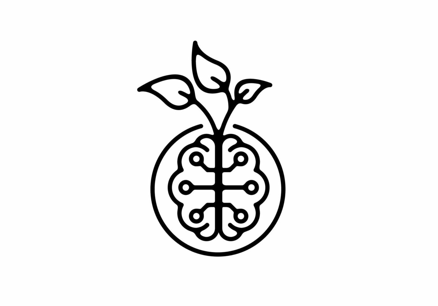 illustration d'art en ligne noire du cerveau et des feuilles vecteur