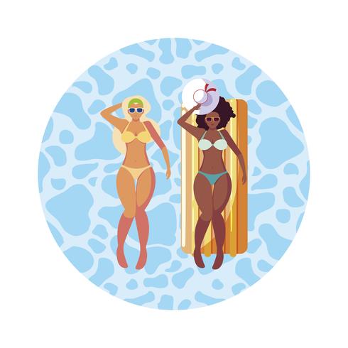 belles filles interraciales avec matelas de flotteur dans l&#39;eau vecteur