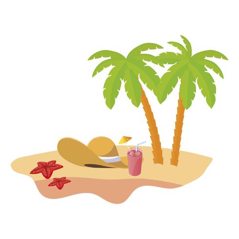 scène de plage d&#39;été avec palmiers et chapeau de paille vecteur