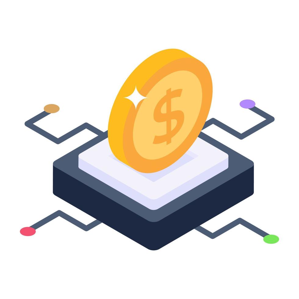 icône isométrique de l'argent numérique, dollar avec nœuds électriques vecteur