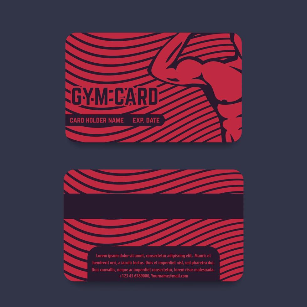 club de remise en forme, conception de cartes de gym en rouge foncé, avec athlète fléchissant les biceps, illustration vectorielle vecteur