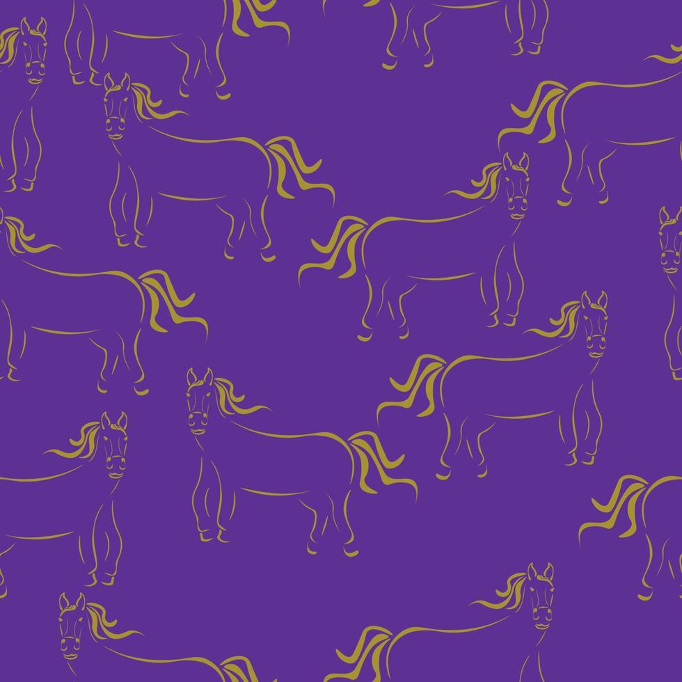 cheval, silhouette stylisée, modèle sans couture, contour jaune cheval sur fond violet vecteur