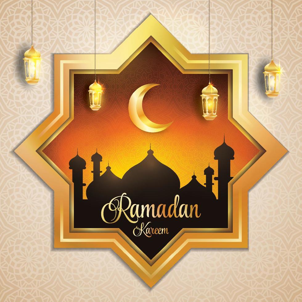 salutation de luxe ramadan kareem avec mosquée silhouette et lanterne dorée vecteur