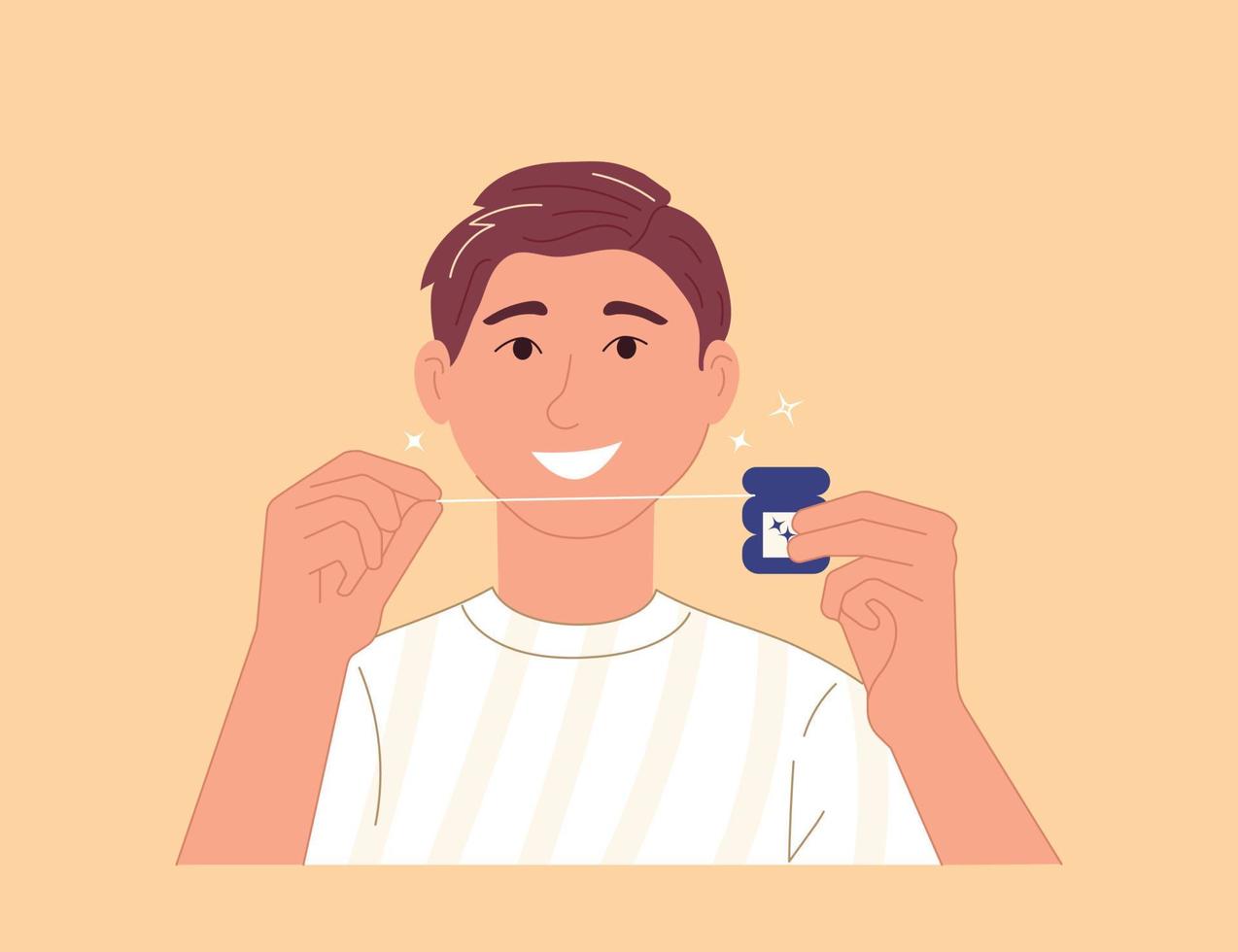 jeune homme souriant utilisant le nettoyage du fil dentaire. hygiène bucco-dentaire quotidienne et concept de dents blanches saines. illustration vectorielle plane vecteur