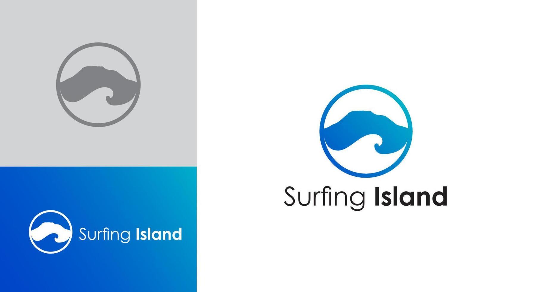 modèle de logo avec collines, vagues en cercle. logo île de surf vecteur