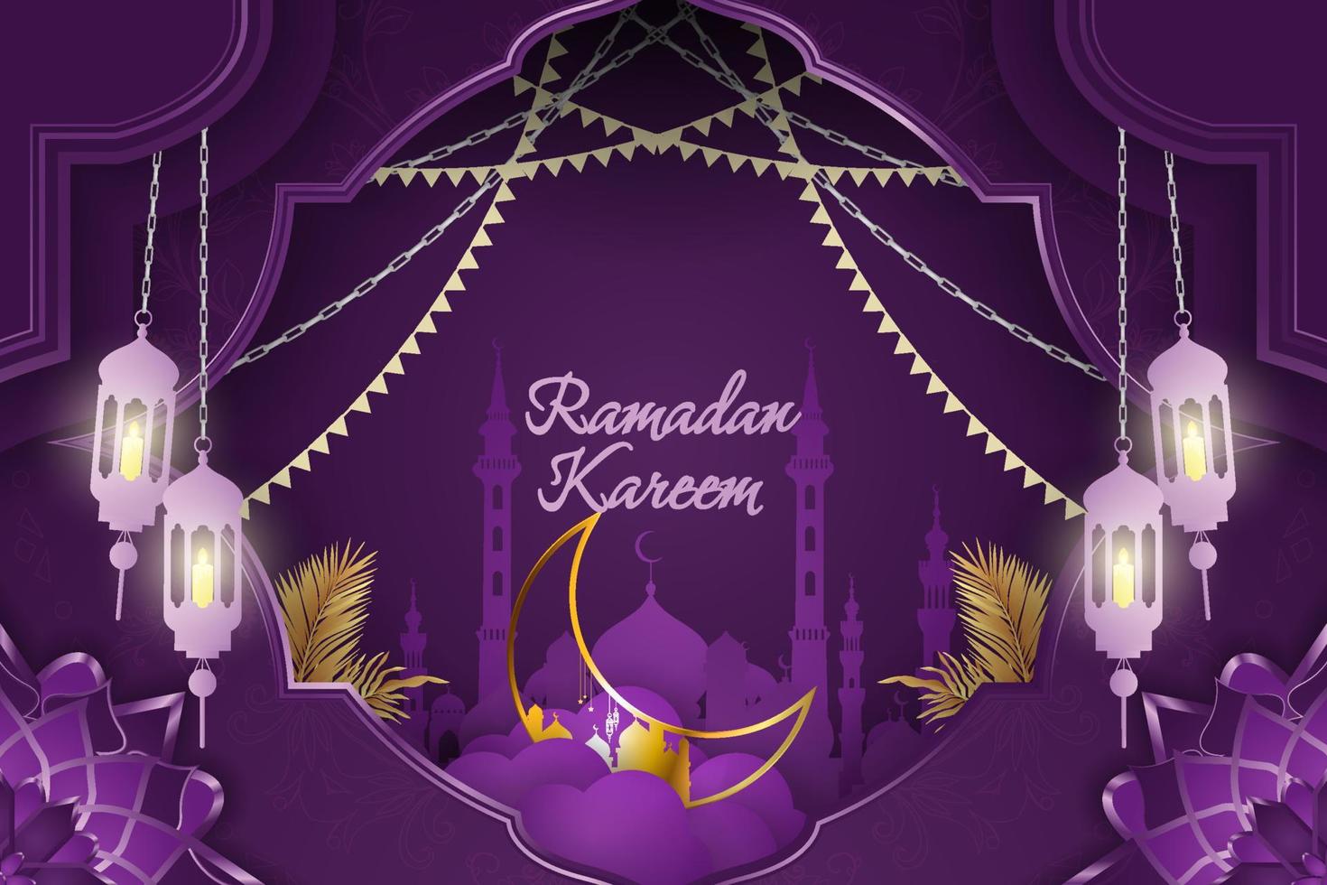 ramadan kareem fond islamique couleur pourpre avec silhouette de mosquée et lune d'or vecteur