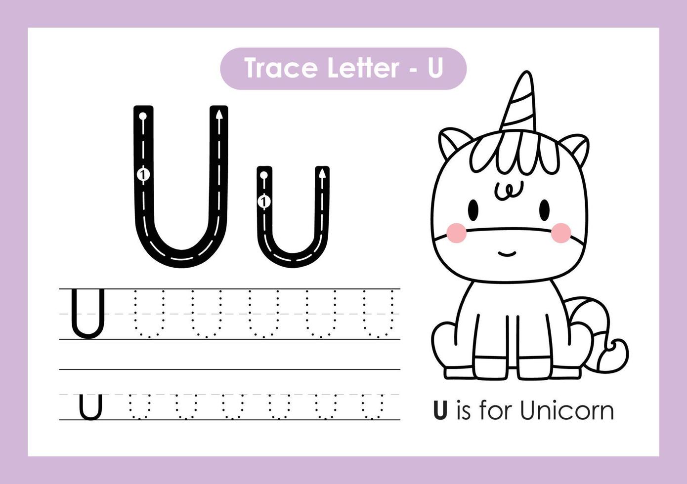 alphabet trace lettre a à z feuille de calcul préscolaire avec lettre u licorne vecteur