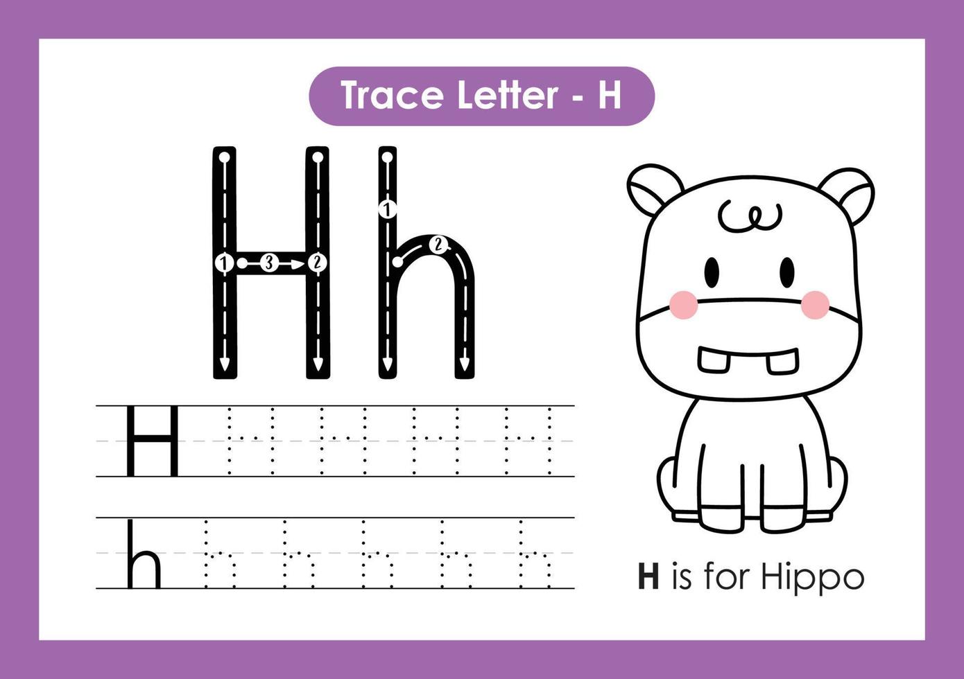 alphabet trace lettre a à z feuille de calcul préscolaire avec lettre h hippopotame vecteur