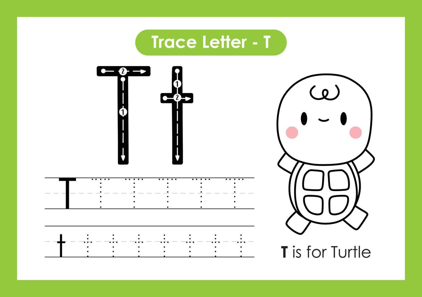 alphabet trace lettre a à z feuille de calcul préscolaire avec lettre t tortue vecteur